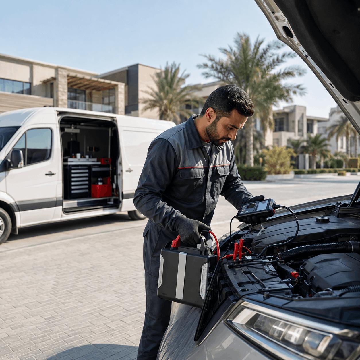 Technician fitting a car battery outside a villa, service van parked behind