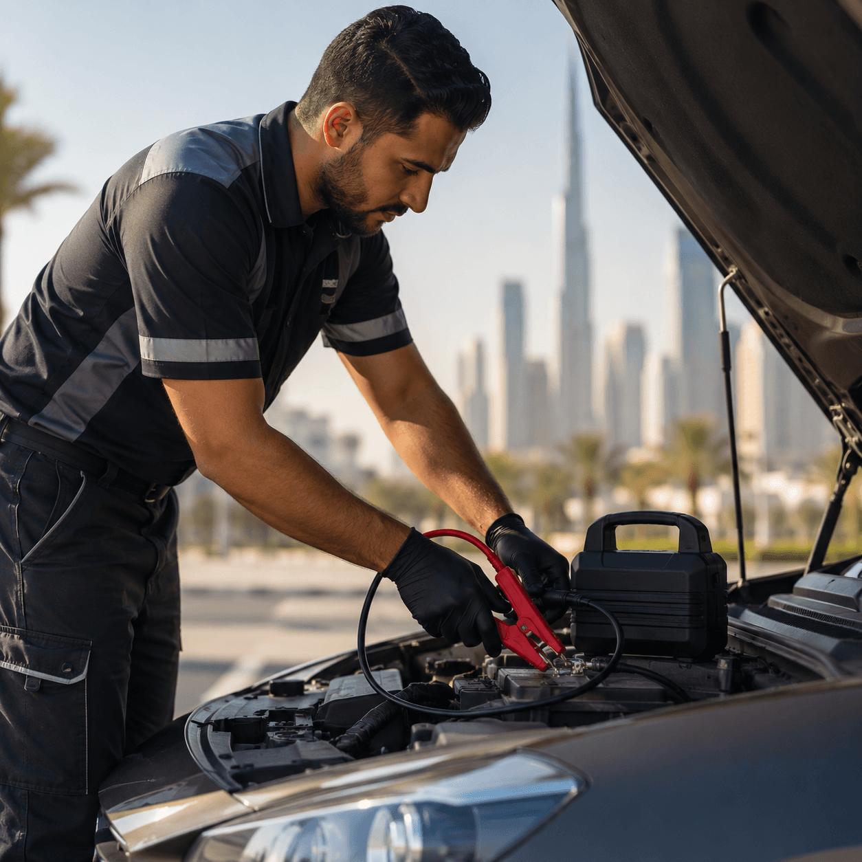 Rabdan Battery technician fitting a new car battery at the roadside in Abu Dhabi