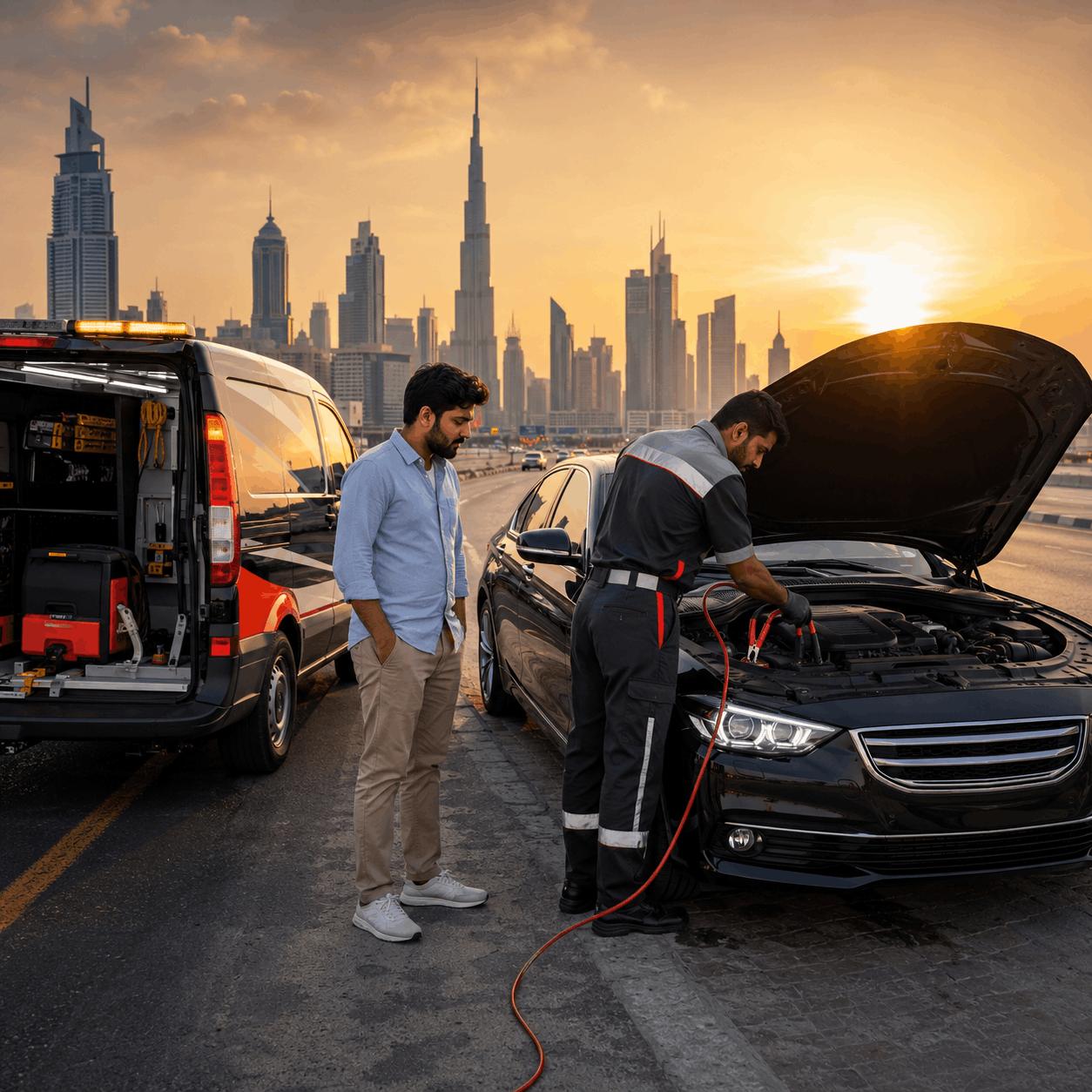 Technician replacing a car battery on an Abu Dhabi roadside at sunset