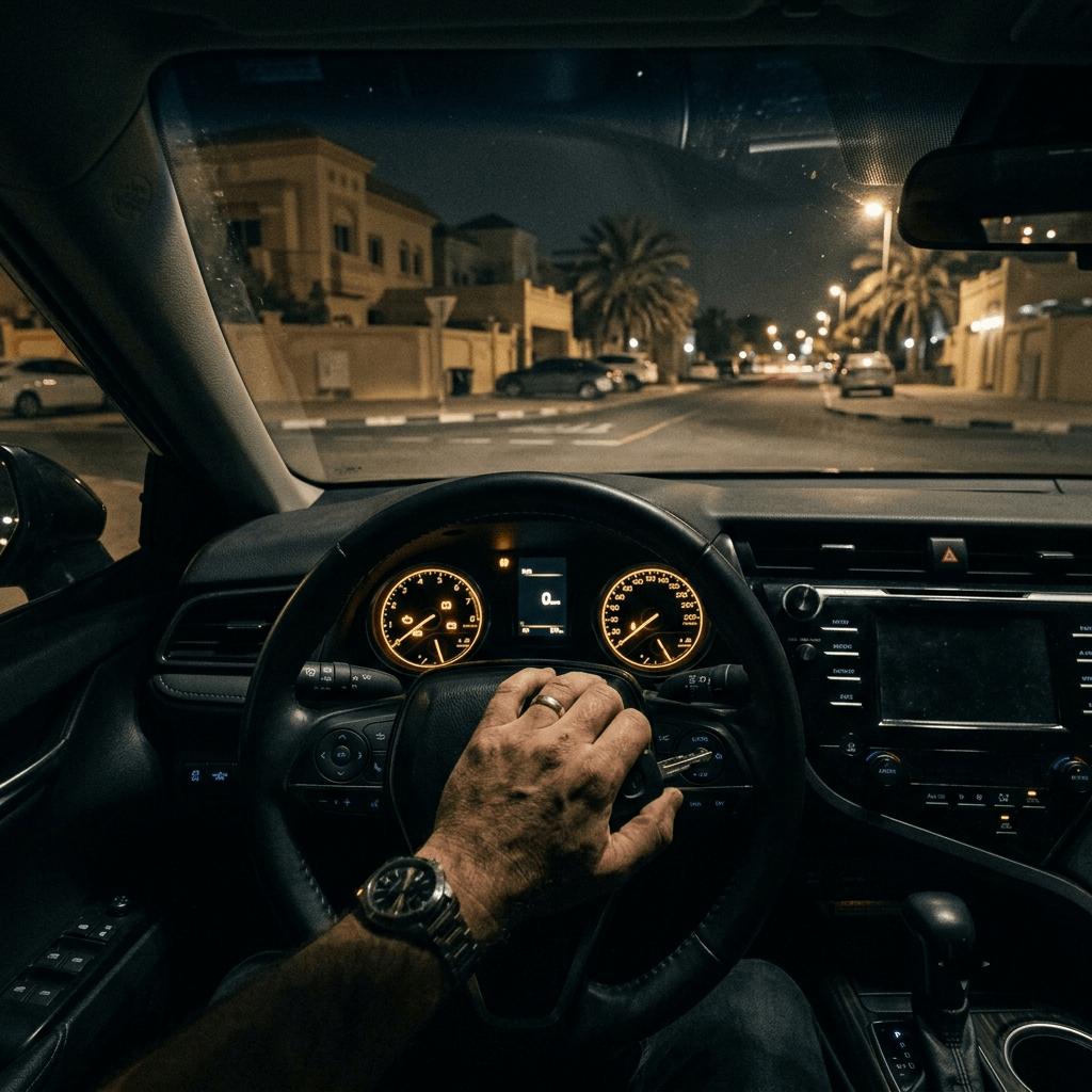 Dashboard at night with dim gauges and warning lights on