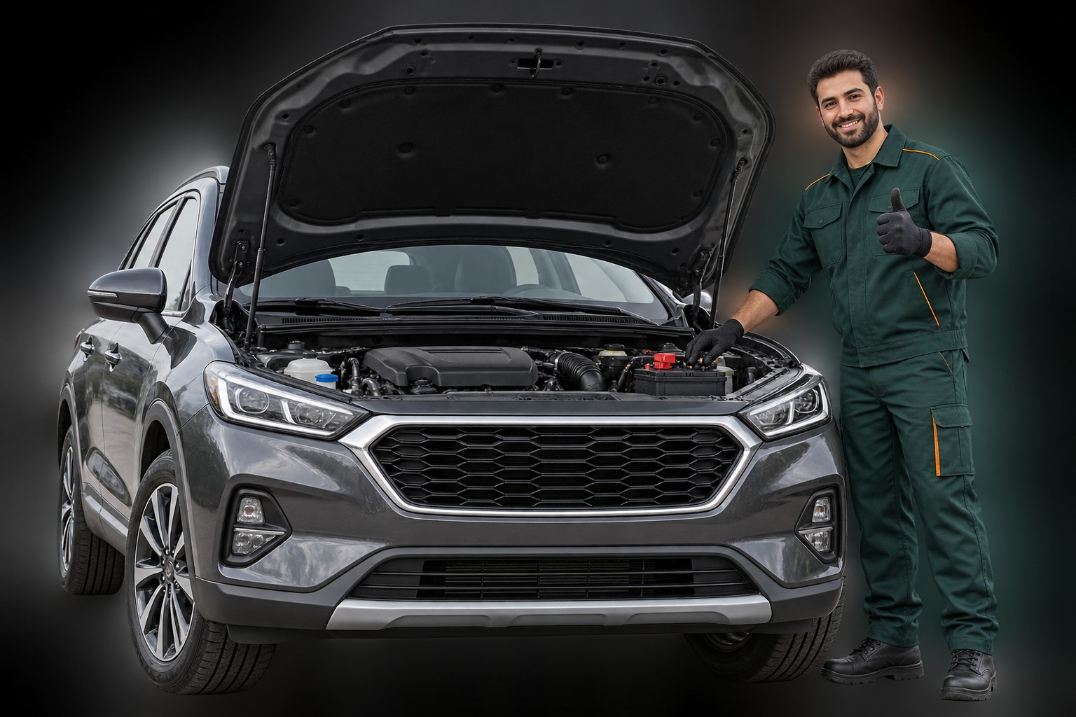 A Rabdan Battery technician working under a car hood and giving a thumbs-up